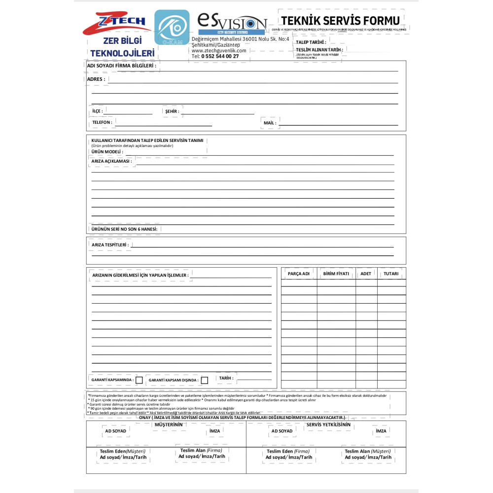  O-kam Ztech Teknik Servis Formu