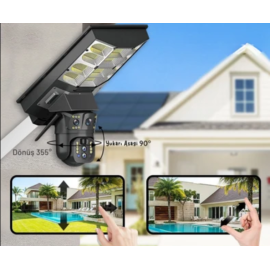 Güneş Enerjili Sokak Bahçe Led aydınlatmalı Solar Güneş Panelli Wifi Kablosuz Çift Kameralı Güvenlik Kamerası